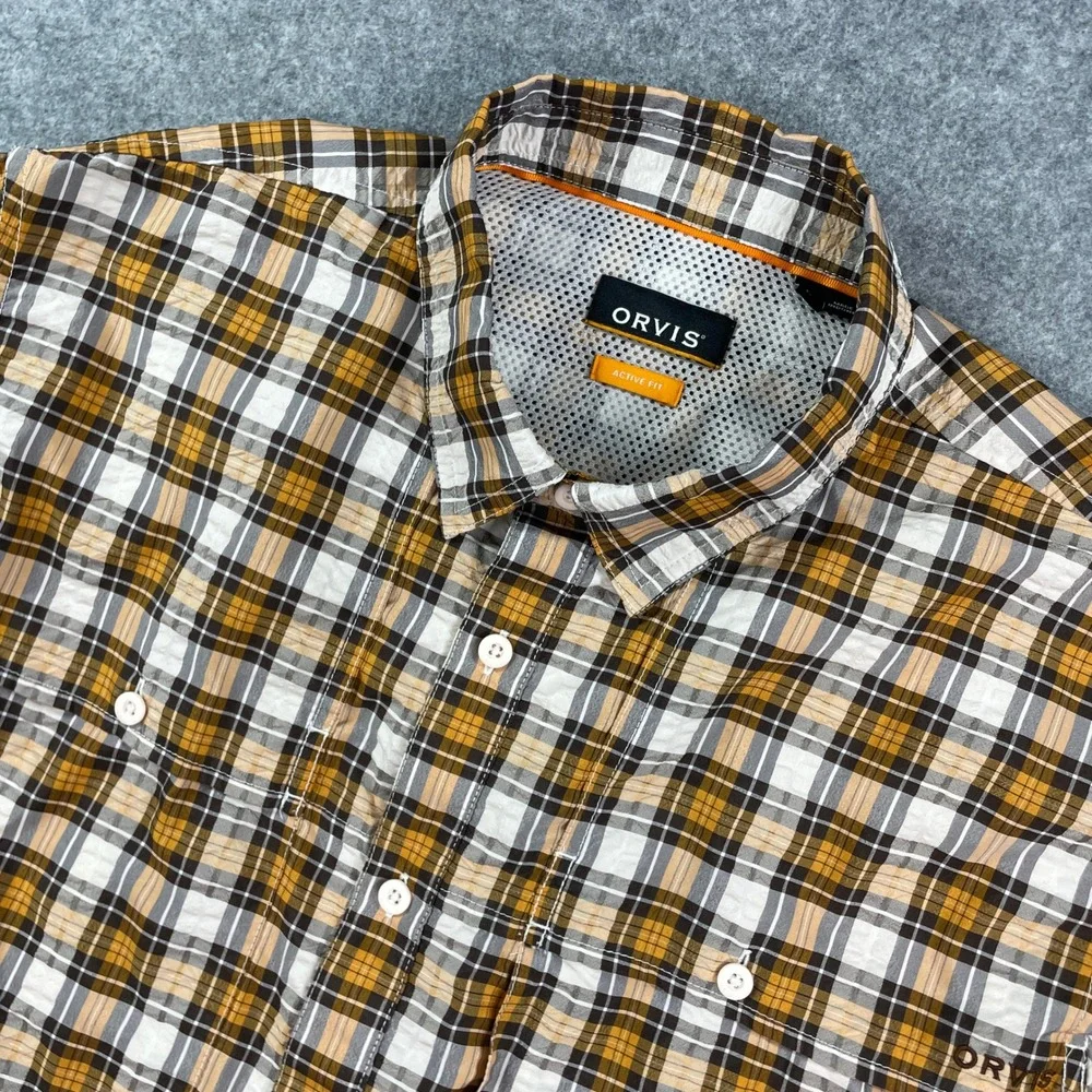 Orvis Mens Shirt L Plaid (Yellow, White, Brown, Gray) Plaid Long Sleeve